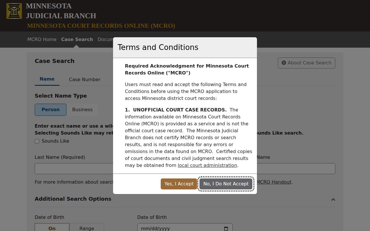 Polk County court record and disposition search page